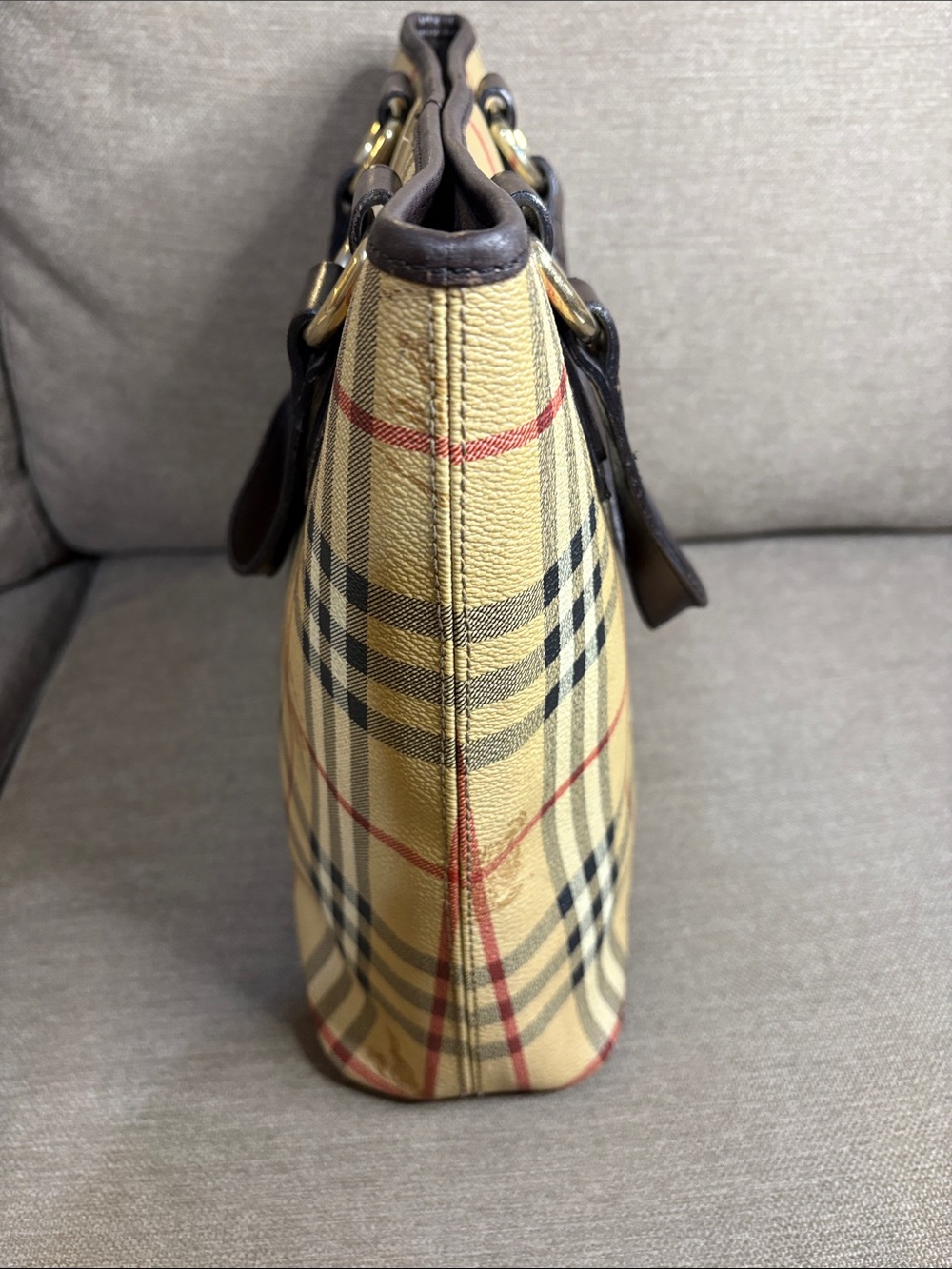 Burberry Vintage Small Haymarket Check Tote Brown Leather Trim with COA - Picture 4 of 15